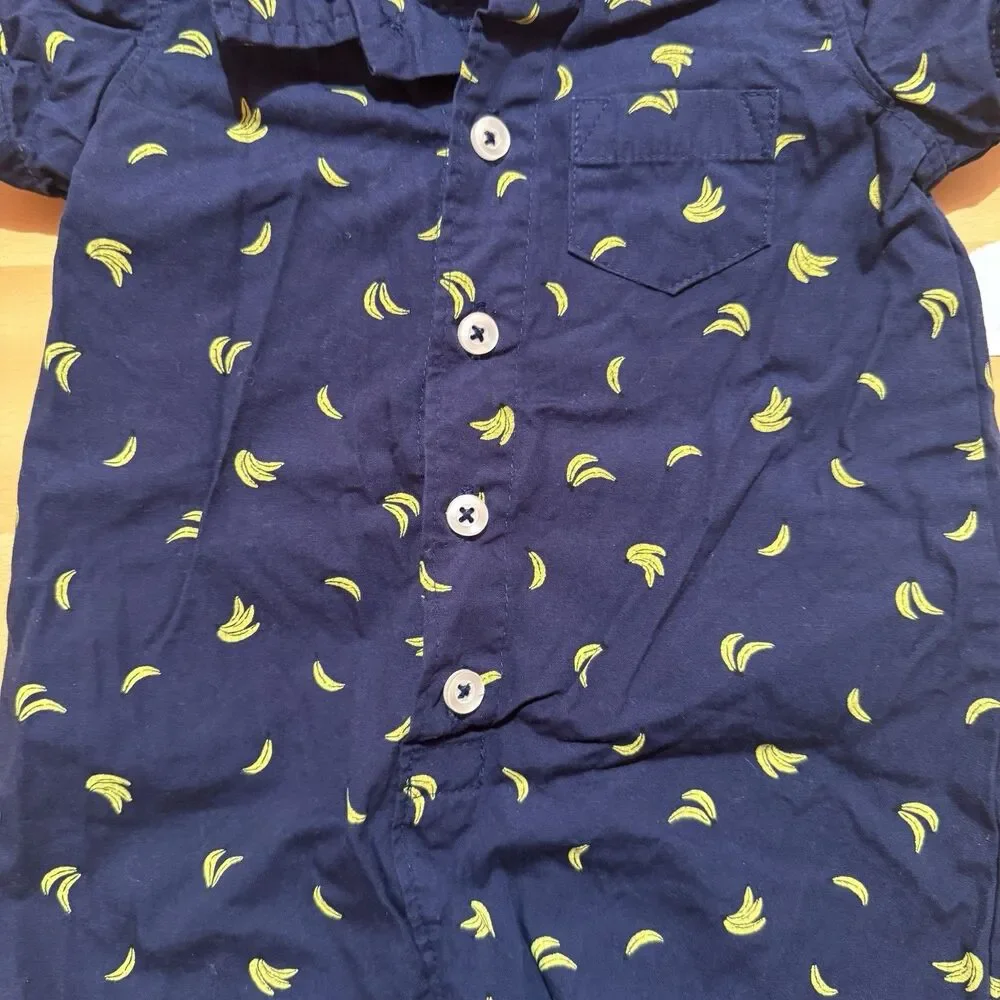 Carters Baby Romper 9 Months Blue Yellow Bananas Collared Button Up One Piece